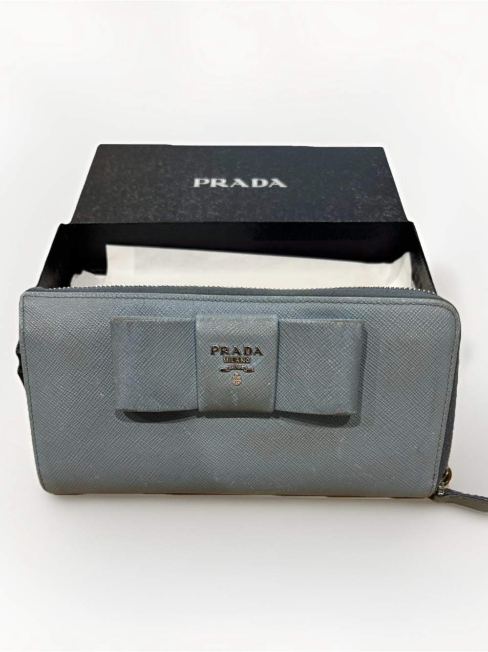 Rare Authentic Prada Light Blue Saffiano Zip Wallet with Bow